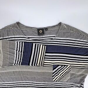Amber Sun Womens Large Striped Dolman Sleeve Top Back Button Detail Grey Blue
